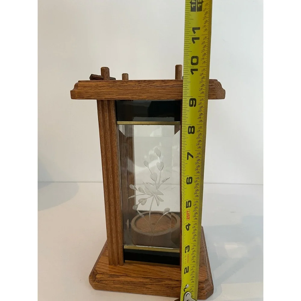 Vintage 80s Oak Wood Etched Glass Bird Lantern Tea Light Candle Holder Handmade